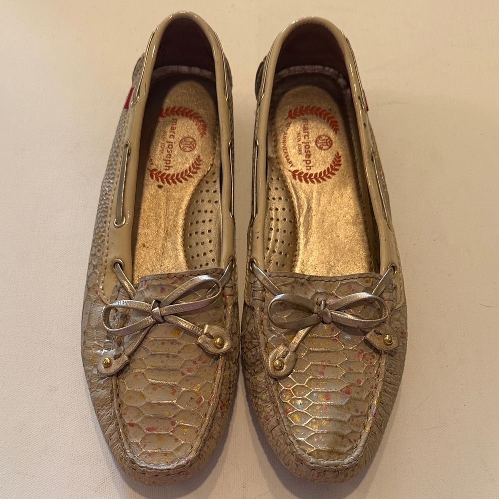 Marc Joseph Women's Gold Loafers with Bow Detail